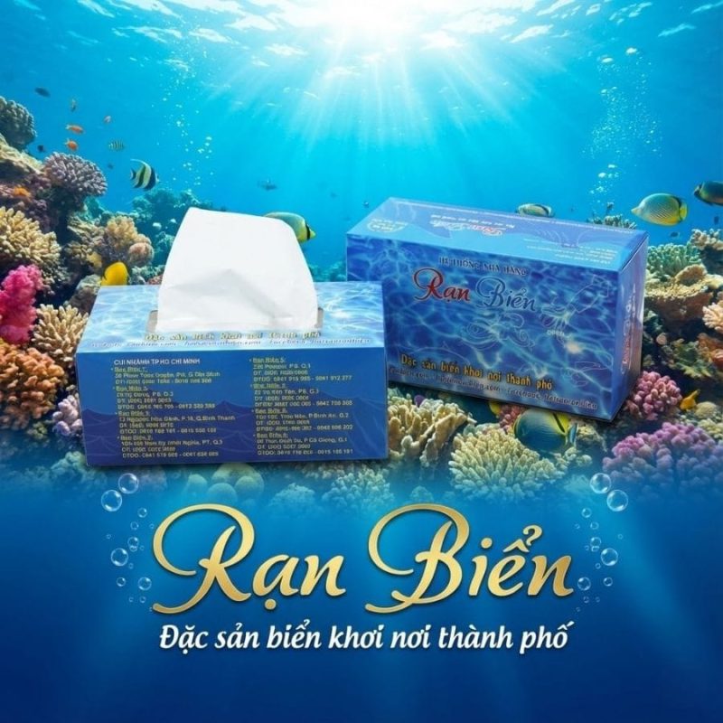 Hộp khăn giấy in logo thương hiệu nhà hàng Rạn Biển