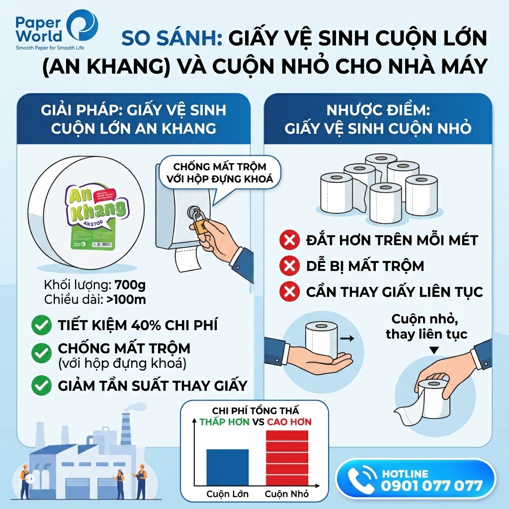 Infographic so sánh giấy vệ sinh cuộn lớn và cuộn nhỏ cho nhà máy