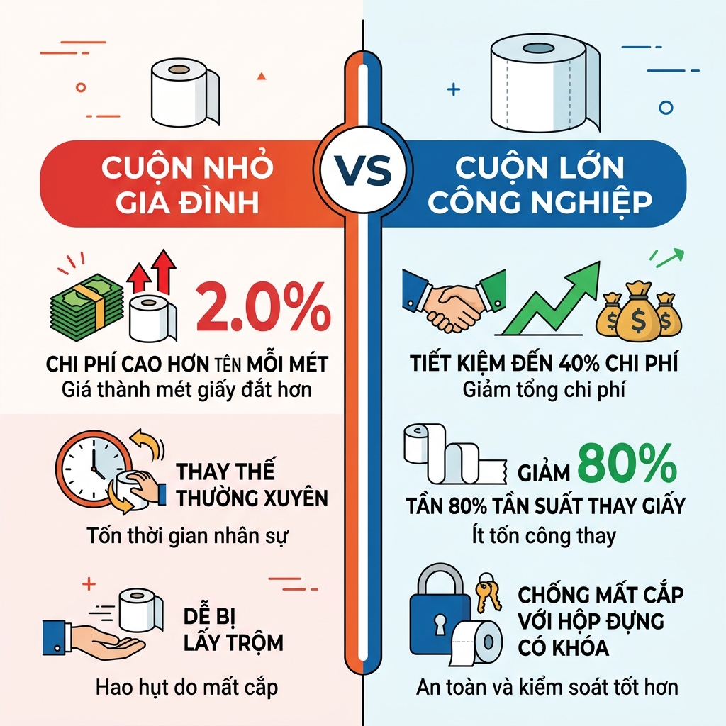 So sánh giấy cuộn công nghiệp và giấy cuộn nhỏ gia đình